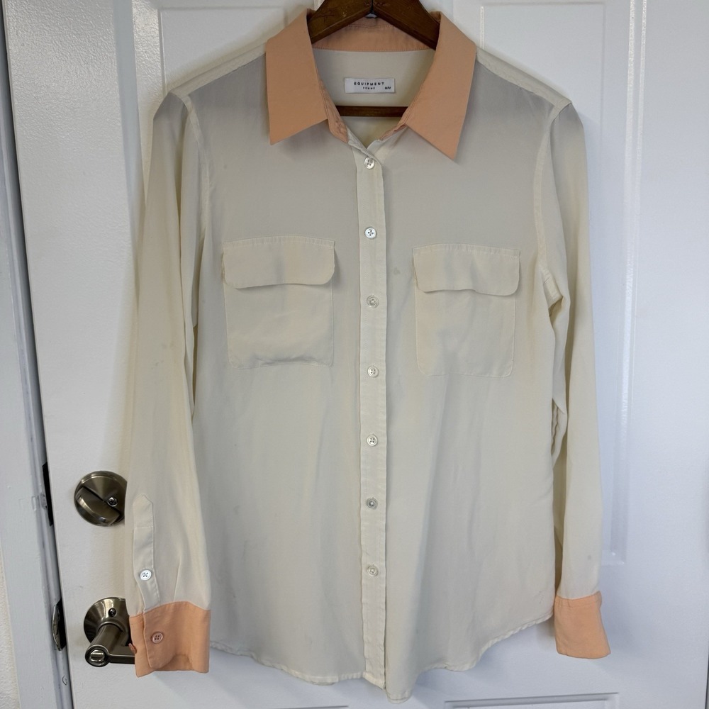 Equipment Femme Signature Long Sleeve Silk Shirt Cream Peach Women's Size Medium